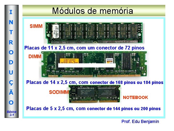 Módulos de memória I N T R O D SIMM Placas de 11 x Módulos de memória I N T R O D SIMM Placas de 11 x