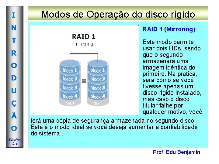 I Modos de Operação do disco rígido N RAID 1 (Mirroring): T R O I Modos de Operação do disco rígido N RAID 1 (Mirroring): T R O