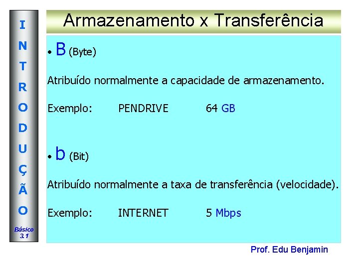 Armazenamento x Transferência I N • T R O B (Byte) Atribuído normalmente a Armazenamento x Transferência I N • T R O B (Byte) Atribuído normalmente a