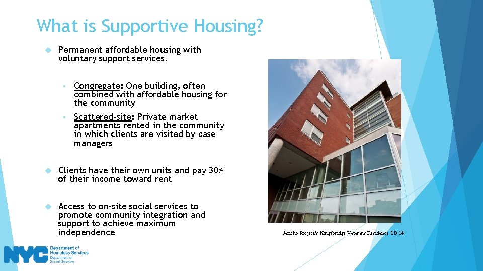 What is Supportive Housing? Permanent affordable housing with voluntary support services. § Congregate: One