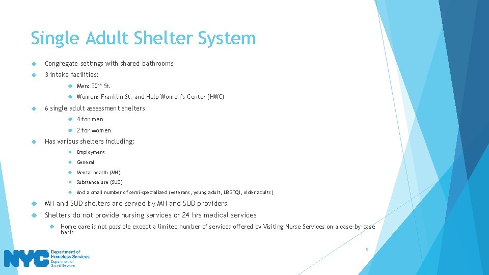 Single Adult Shelter System Congregate settings with shared bathrooms 3 intake facilities: Men: 30