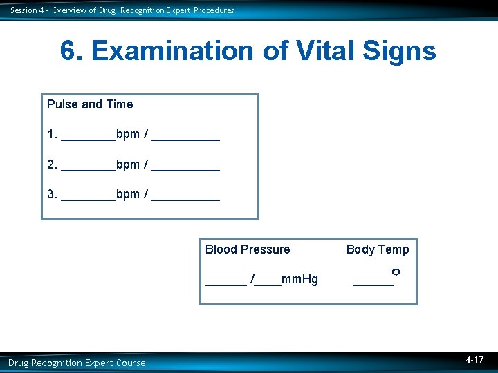 Session 4 – Overview of Drug Recognition Expert Procedures 6. Examination of Vital Signs