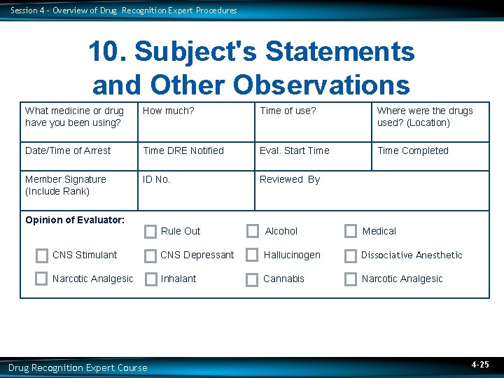 Session 4 – Overview of Drug Recognition Expert Procedures 10. Subject's Statements and Other