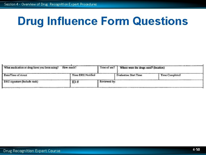 Session 4 – Overview of Drug Recognition Expert Procedures Drug Influence Form Questions Drug