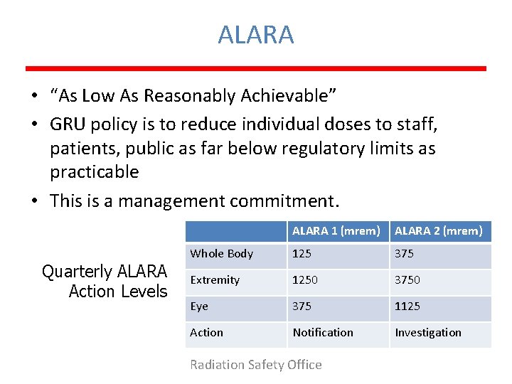 ALARA • “As Low As Reasonably Achievable” • GRU policy is to reduce individual