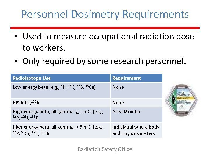 Personnel Dosimetry Requirements • Used to measure occupational radiation dose to workers. • Only