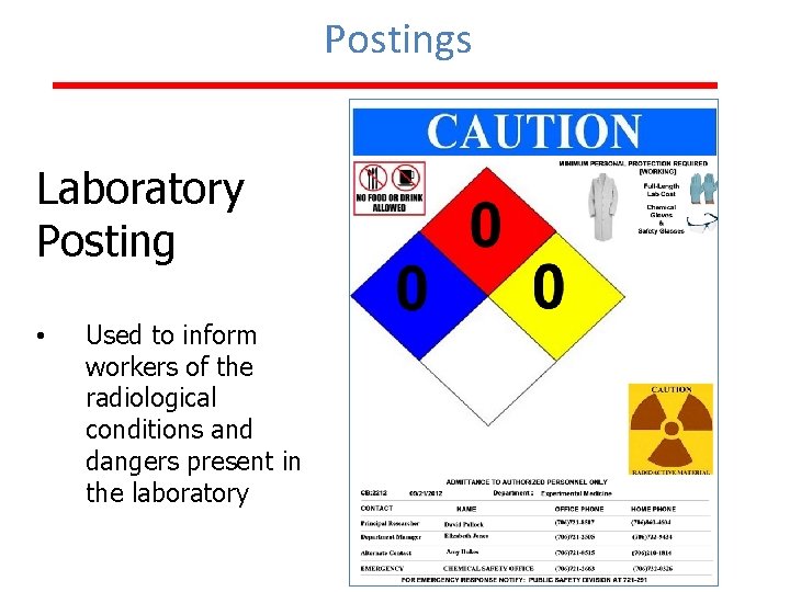 Postings Laboratory Posting • Used to inform workers of the radiological conditions and dangers