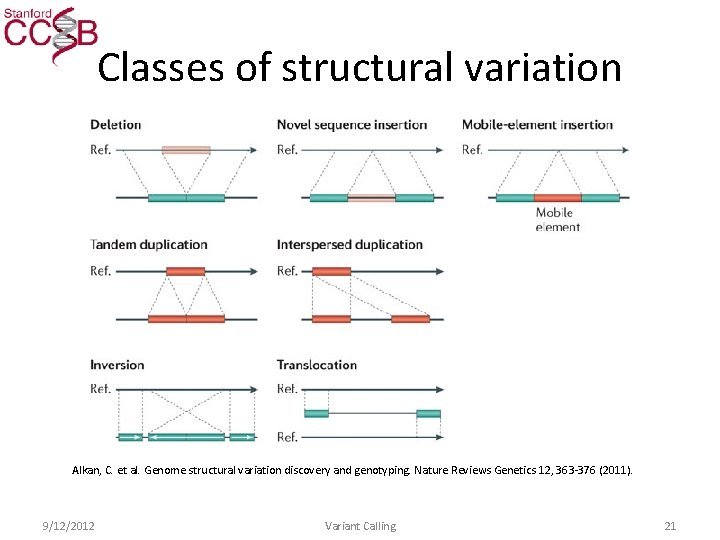 Classes of structural variation Alkan, C. et al. Genome structural variation discovery and genotyping.