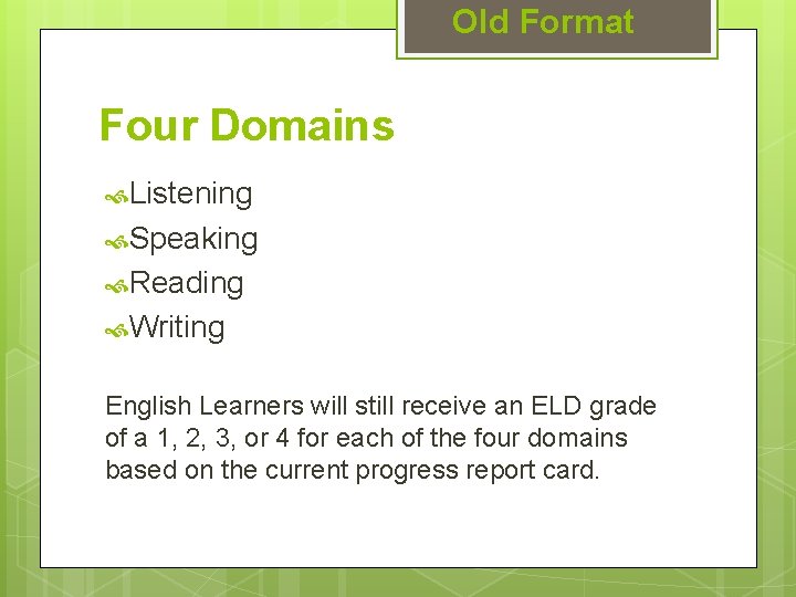 Old Format Four Domains Listening Speaking Reading Writing English Learners will still receive an