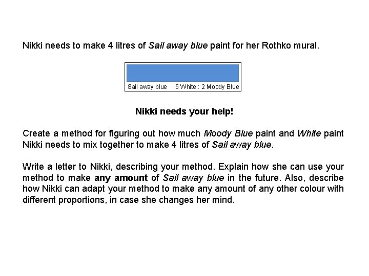 Nikki needs to make 4 litres of Sail away blue paint for her Rothko