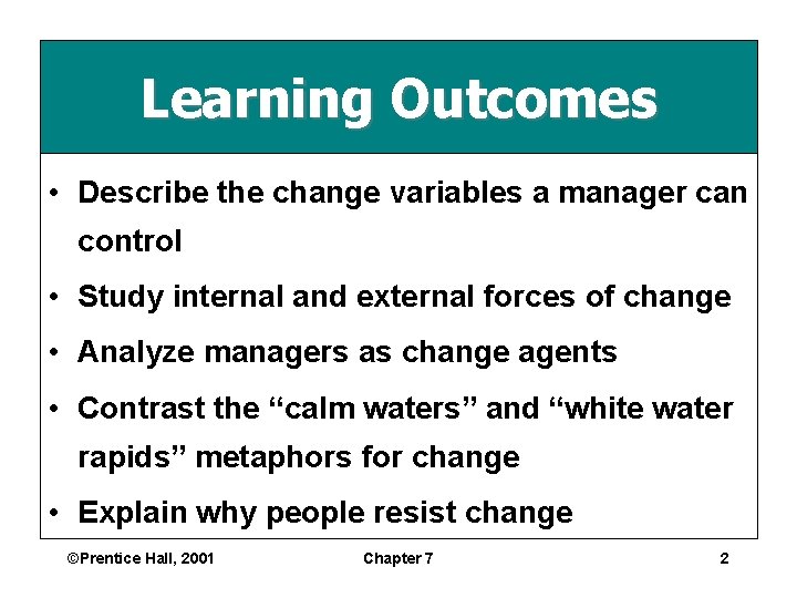 Learning Outcomes • Describe the change variables a manager can control • Study internal