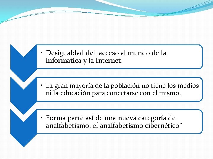 • Desigualdad del acceso al mundo de la informática y la Internet. • • Desigualdad del acceso al mundo de la informática y la Internet. •