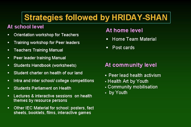 Strategies followed by HRIDAY-SHAN At school level § Orientation workshop for Teachers § Training