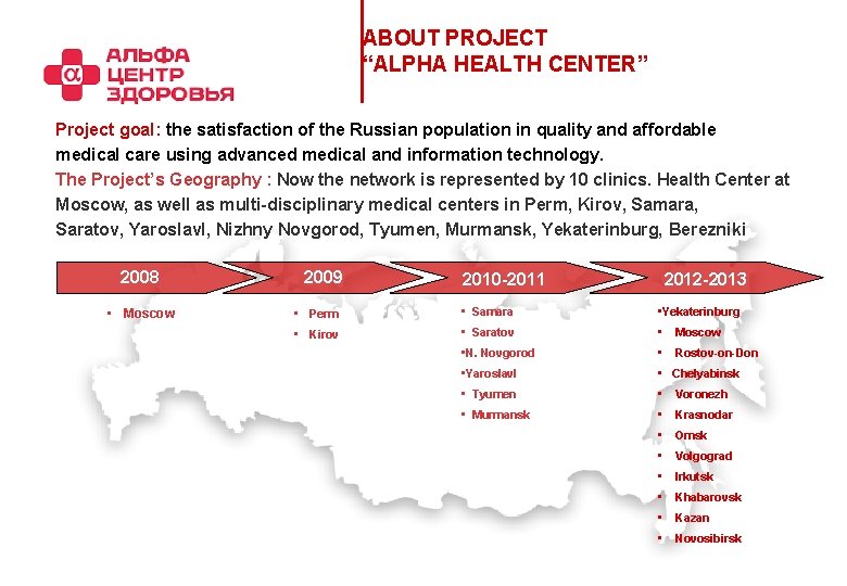 ABOUT PROJECT “ALPHA HEALTH CENTER” Project goal: the satisfaction of the Russian population in