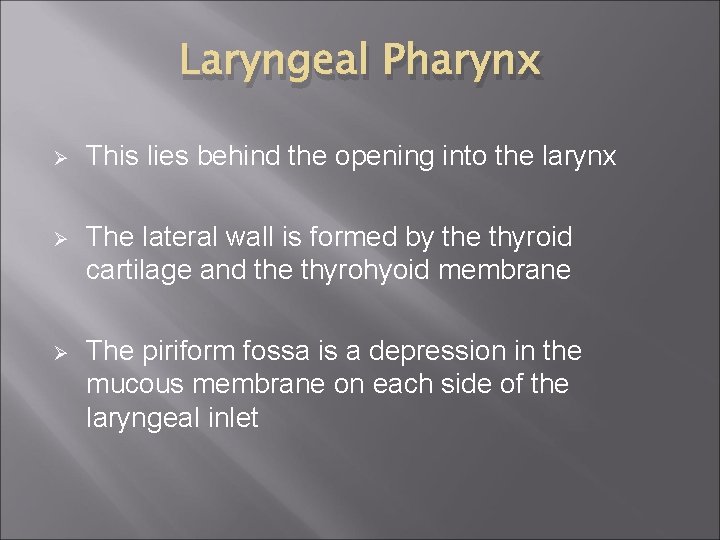 Laryngeal Pharynx Ø This lies behind the opening into the larynx Ø The lateral