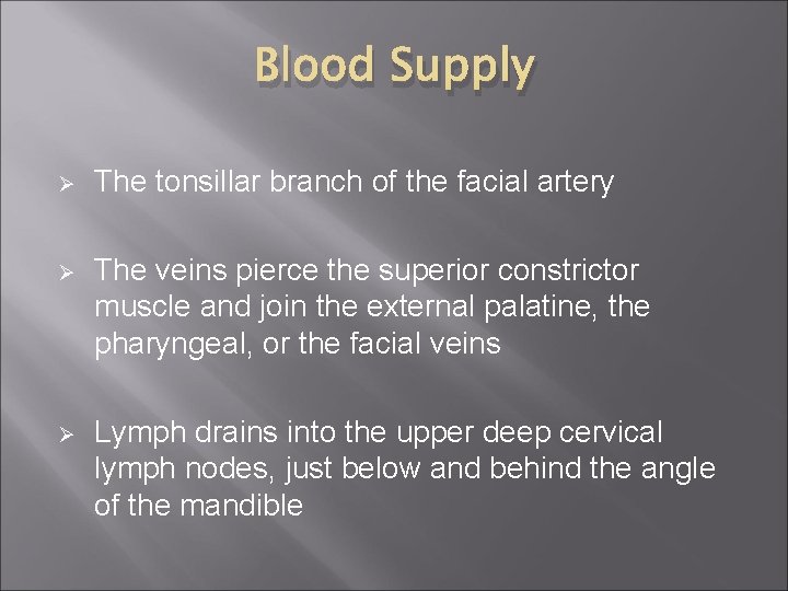 Blood Supply Ø The tonsillar branch of the facial artery Ø The veins pierce