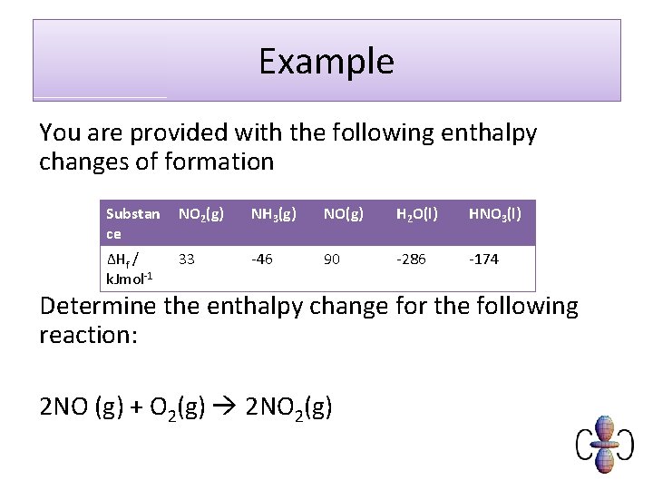 Example You are provided with the following enthalpy changes of formation Substan ce NO
