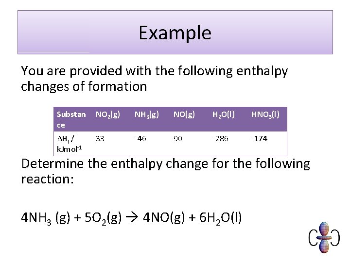 Example You are provided with the following enthalpy changes of formation Substan ce NO
