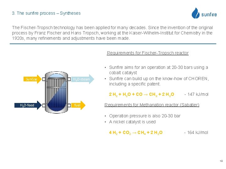 3. The sunfire process – Syntheses The Fischer-Tropsch technology has been applied for many