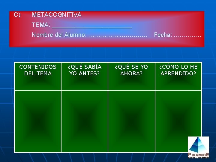 C) METACOGNITIVA TEMA: ____________ Nombre del Alumno: ……………. CONTENIDOS DEL TEMA ¿QUÉ SABÍA YO C) METACOGNITIVA TEMA: ____________ Nombre del Alumno: ……………. CONTENIDOS DEL TEMA ¿QUÉ SABÍA YO