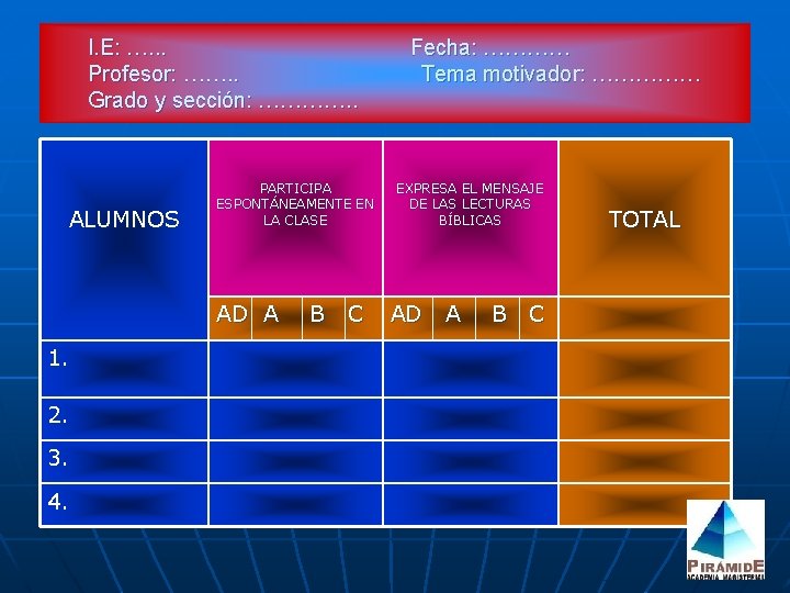 I. E: …. . . Profesor: ……. . Grado y sección: …………. . ALUMNOS