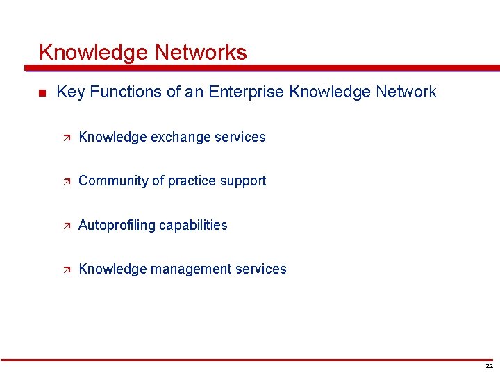 Knowledge Networks n Key Functions of an Enterprise Knowledge Network ä Knowledge exchange services