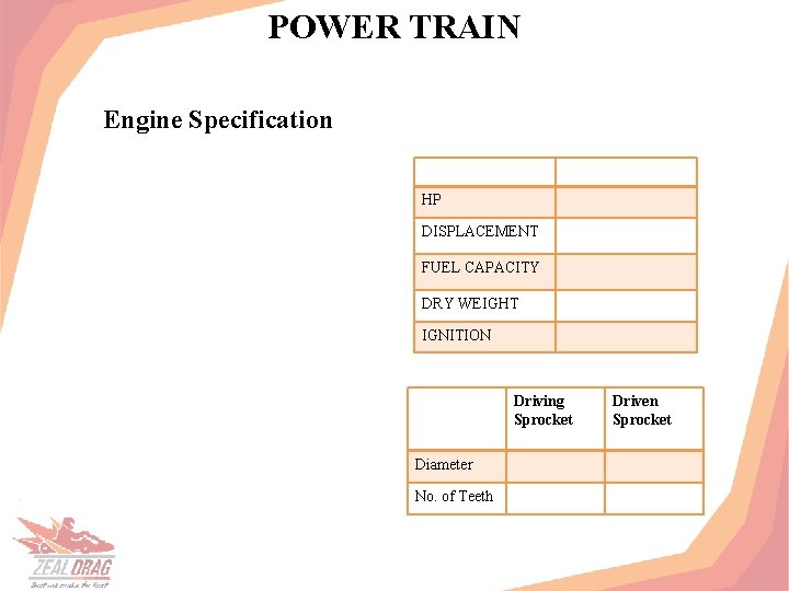 POWER TRAIN Engine Specification HP DISPLACEMENT FUEL CAPACITY DRY WEIGHT IGNITION Driving Sprocket Diameter