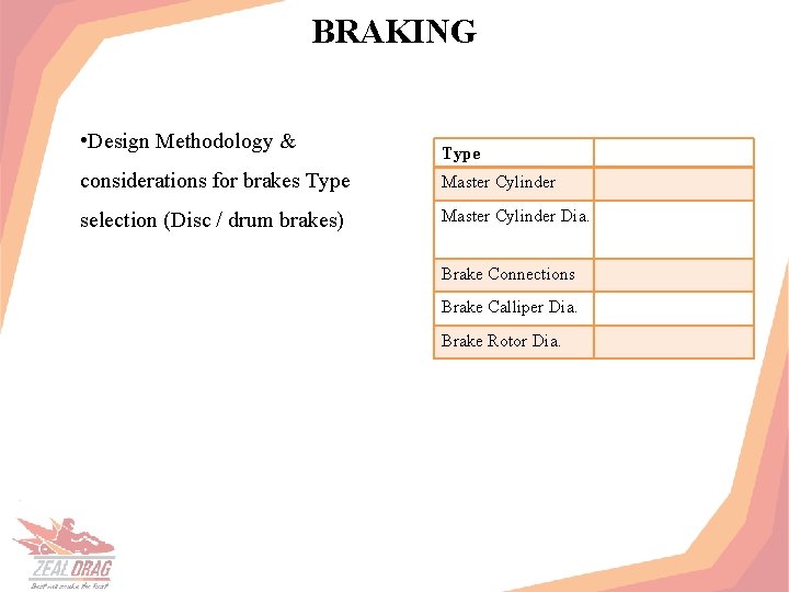 BRAKING • Design Methodology & Type considerations for brakes Type Master Cylinder selection (Disc