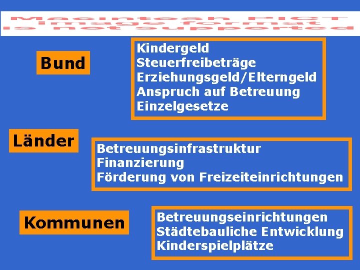 Kindergeld Steuerfreibeträge Erziehungsgeld/Elterngeld Anspruch auf Betreuung Einzelgesetze Bund Länder Betreuungsinfrastruktur Finanzierung Förderung von Freizeiteinrichtungen