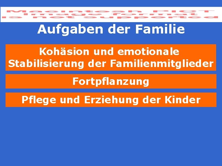 Aufgaben der Familie Kohäsion und emotionale Stabilisierung der Familienmitglieder Fortpflanzung Pflege und Erziehung der