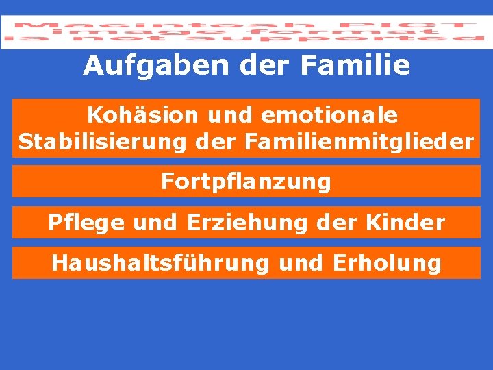 Aufgaben der Familie Kohäsion und emotionale Stabilisierung der Familienmitglieder Fortpflanzung Pflege und Erziehung der