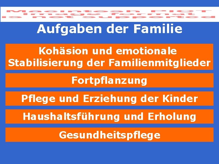 Aufgaben der Familie Kohäsion und emotionale Stabilisierung der Familienmitglieder Fortpflanzung Pflege und Erziehung der