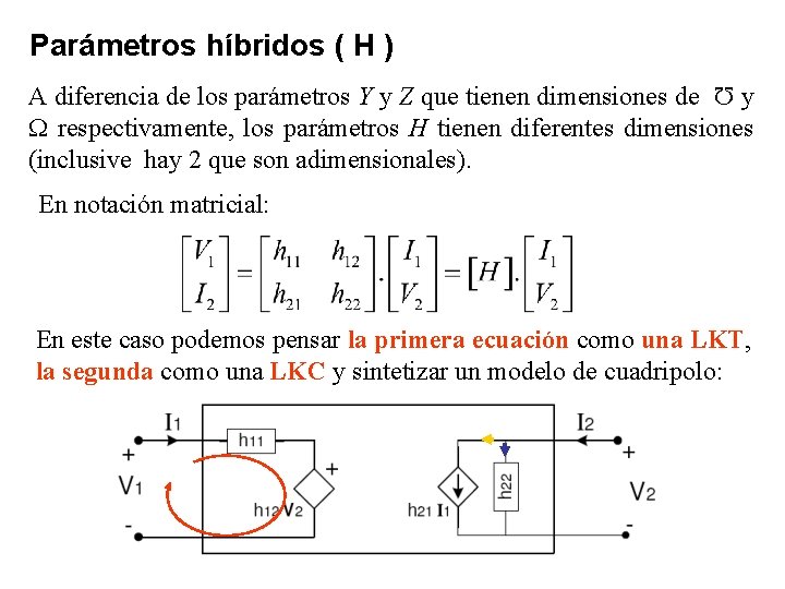 Parámetros híbridos ( H ) A diferencia de los parámetros Y y Z que