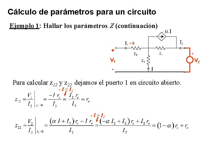 Cálculo de parámetros para un circuito Ejemplo 1: Hallar los parámetros Z (continuación) =0