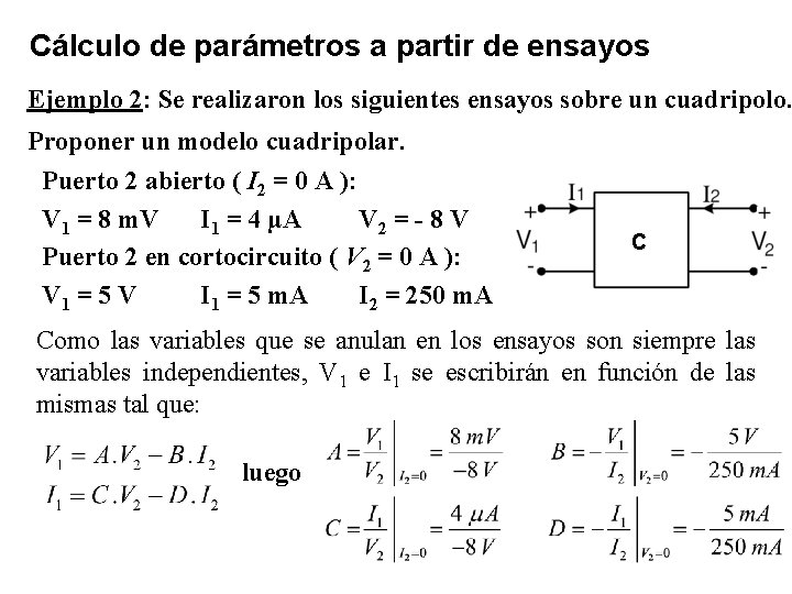 Cálculo de parámetros a partir de ensayos Ejemplo 2: Se realizaron los siguientes ensayos