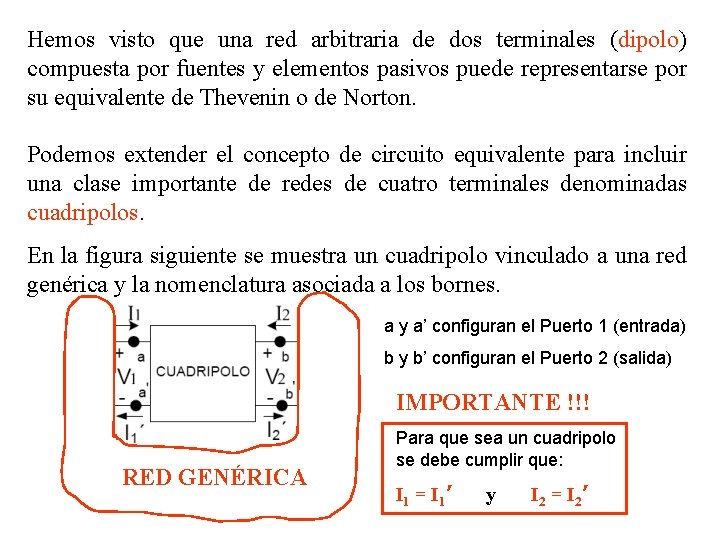 Hemos visto que una red arbitraria de dos terminales (dipolo) compuesta por fuentes y