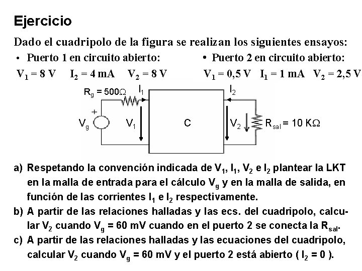 Ejercicio Dado el cuadripolo de la figura se realizan los siguientes ensayos: • Puerto