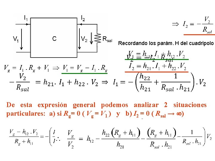 Recordando los parám. H del cuadripolo De esta expresión general podemos analizar 2 situaciones