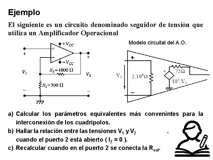 Ejemplo El siguiente es un circuito denominado seguidor de tensión que utiliza un Amplificador