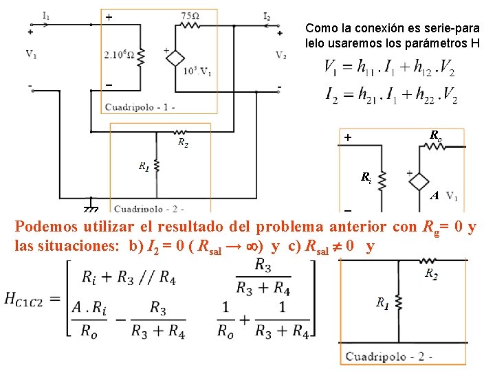 Como la conexión es serie-para lelo usaremos los parámetros H Ro Ri A Podemos