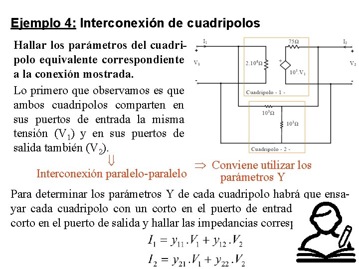 Ejemplo 4: Interconexión de cuadripolos Hallar los parámetros del cuadripolo equivalente correspondiente a la
