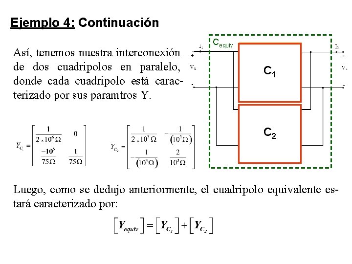 Ejemplo 4: Continuación Así, tenemos nuestra interconexión de dos cuadripolos en paralelo, donde cada