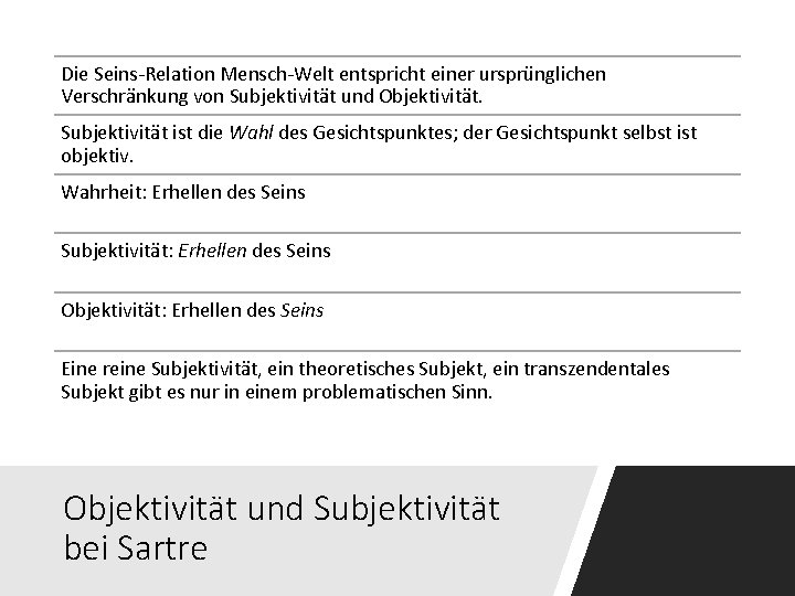 Die Seins-Relation Mensch-Welt entspricht einer ursprünglichen Verschränkung von Subjektivität und Objektivität. Subjektivität ist die