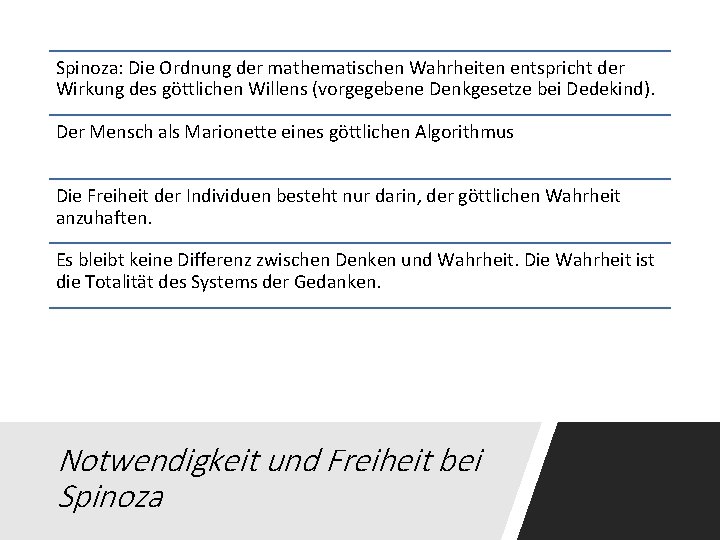 Spinoza: Die Ordnung der mathematischen Wahrheiten entspricht der Wirkung des göttlichen Willens (vorgegebene Denkgesetze