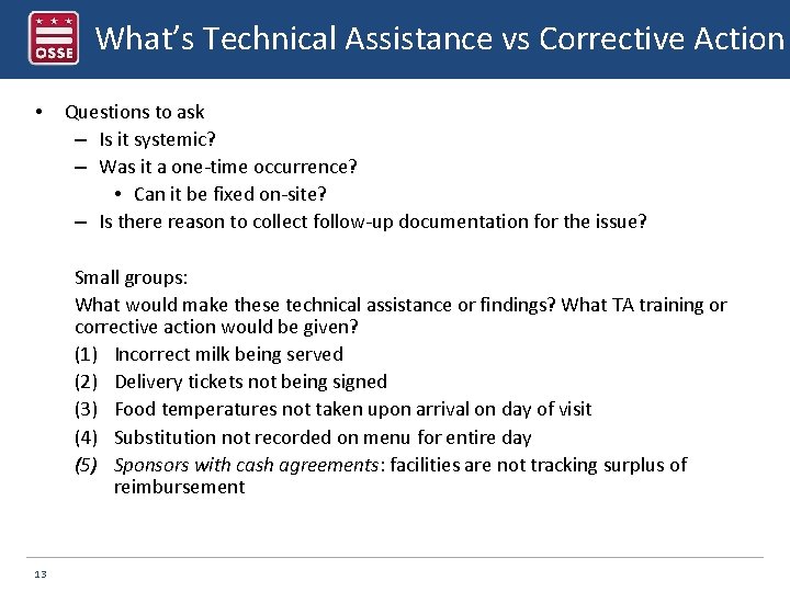 What’s Technical Assistance vs Corrective Action • Questions to ask – Is it systemic?