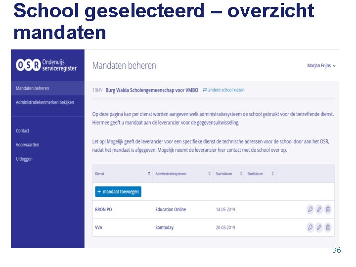School geselecteerd – overzicht mandaten 36 