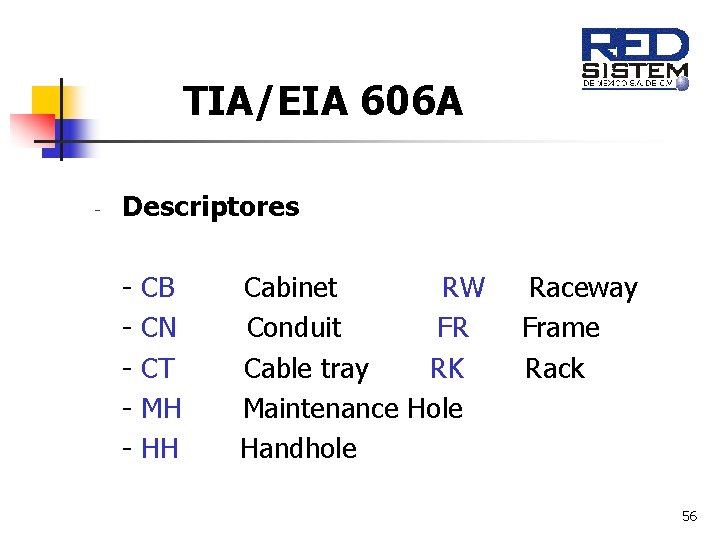 TIA/EIA 606 A - Descriptores - CB CN CT MH HH Cabinet RW Conduit