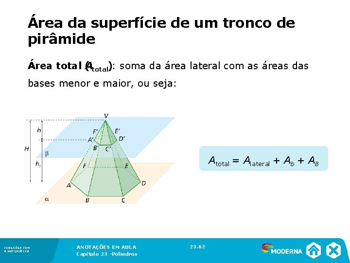 Área da superfície de um tronco de pirâmide Área total (Atotal): soma da área