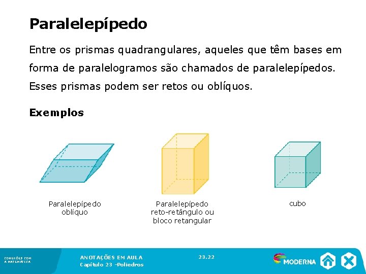 Paralelepípedo Entre os prismas quadrangulares, aqueles que têm bases em forma de paralelogramos são
