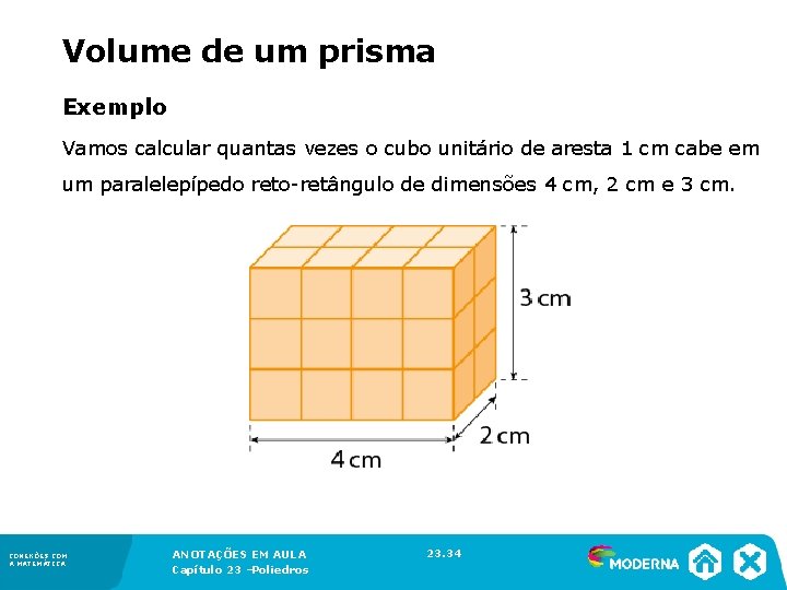 Volume de um prisma Exemplo Vamos calcular quantas vezes o cubo unitário de aresta
